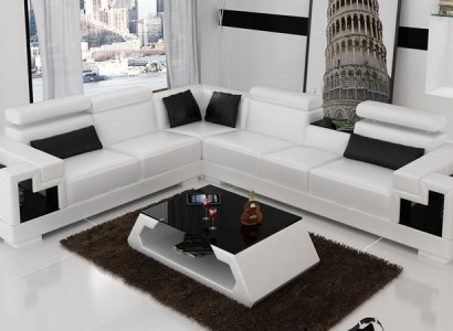 Corner sofa Leather + Coffee table Corner Sofa Couch Upholstery Suite Living landscape Corner